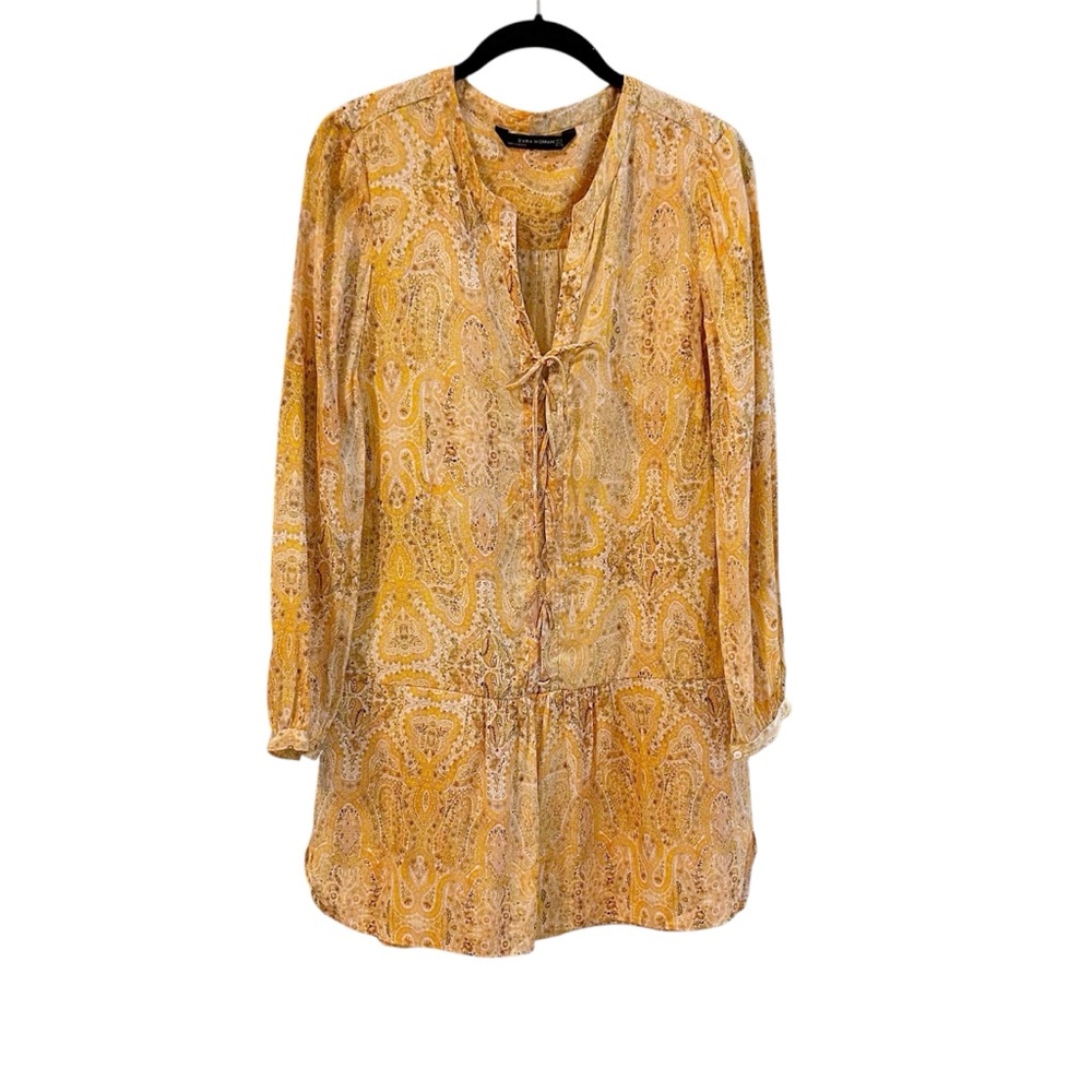 Zara Woman- Yellow Long Sleeve Paisley Lace up Dress